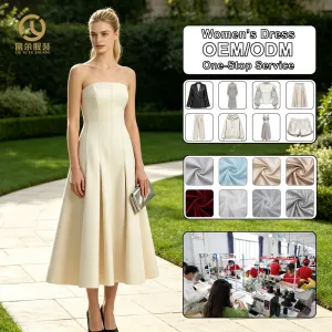 2026 New Womens Strapless Tea-Length Dress Princess Seam Inverted Box Pleat A-Line Structured Off-White Summer Dress OEM ODM