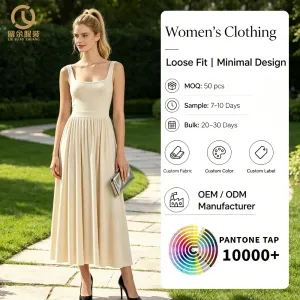 2026 Trend Womens Sleeveless Ribbed Bodice Pleated Swing Midi Dress Square Scoop Neck A-Line Smart Casual Office Party Dress