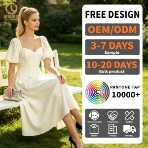 Bulk Order Wholesale Custom Womens Ribbed Knit Puff Sleeve Midi Dress Sweetheart Neckline Elastic Cuff Bodycon Cocktail Dress