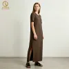 Casual Vintage Midi Dress for Women Breathable Cotton Short Sleeves Slit Detail Natural Front Maxi Skirt for Spring Autumn Days