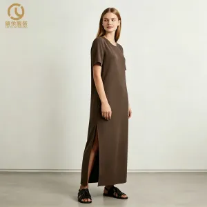 Casual Vintage Midi Dress for Women Breathable Cotton Short Sleeves Slit Detail Natural Front Maxi Skirt for Spring Autumn Days