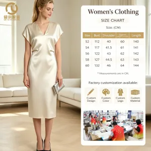 Clothing Factory Custom Simple Fashion Satin Woven Breathable Washable Solid Short Sleeve V Neck Midi Dress Casual Summer Ladies