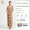 Custom Made Long Sleeve V-Neck Wrap Twist Knot Waist Floor Length Maxi Dress Women Asymmetrical Hem Solid Beige OEM ODM Factory