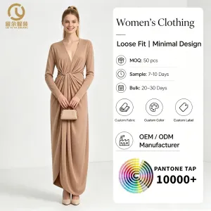 Custom Made Long Sleeve V-Neck Wrap Twist Knot Waist Floor Length Maxi Dress Women Asymmetrical Hem Solid Beige OEM ODM Factory