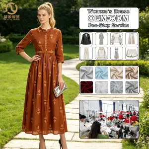Custom OEM ODM Womens Boho Embroidered Floral Maxi Dress Mandarin Collar 3 4 Sleeve Golden Yellow Pattern A-Line Vintage Dress