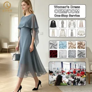 Custom Wholesale OEM Women Christmas Wedding Guest Cocktail Dress Chiffon Ruffle Elegant Formal Midi a Line Dress for Lady