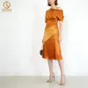 Custom Wholesale Summer Ladies Satin Elegant Asymmetric Shoulder Off Draped Midi Dress for Women