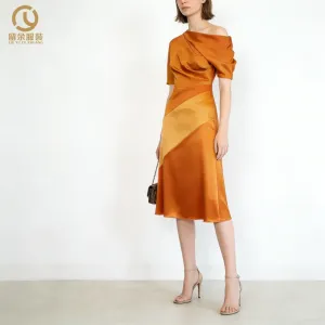 Custom Wholesale Summer Ladies Satin Elegant Asymmetric Shoulder Off Draped Midi Dress for Women
