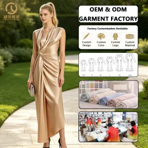 Custom Womens Champagne Satin Maxi Dress Deep V-Neck Wrap Draped Bodice High Side Slit Floor-Length Bridesmaid Gown OEM ODM