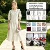 Custom Womens Cream Oatmeal Linen Button-Up Midi Dress Round Neck Elbow Puff Sleeve Casual Summer A-Line Dress OEM ODM Factory