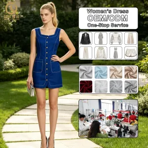 Custom Womens Royal Blue Mini Dress Square Neck Contrast White Stitching Gold Button Patch Pocket Clothing Factory