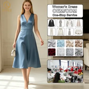 Customizable Satin Vintage Casual Summer Womens V-Neck Sleeveless High Waist Solid Color A-Line Midi Everyday Casual Dress
