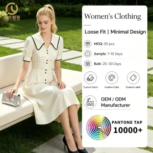 Design Your Own Women Cream Midi Dress Black Trim Lapel Collar Puff Short Sleeve Button-Down Pleated Skirt Cocktail Party Dress