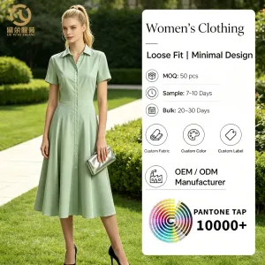 Factory Direct OEM ODM Womens Shirt Dress Short Sleeve Pointed Collar Button-Down Fitted Waist Flared Midi Office Casual Dress