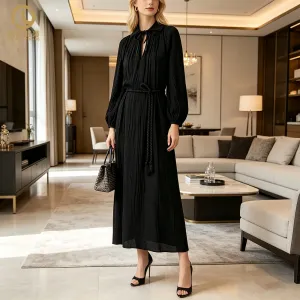 Factory Support Customized Womens Black Woven Linen Pleated Knee-Length Long Sleeve Belted Autumn Eco-Friendly Washable Dress