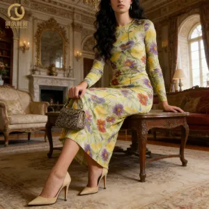 Floral-Print Ribbed Midi Dress Silky Breathable Made Silk Cotton Blend Modal Casual Vintage Style Natural Digital Front