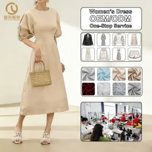 Clothing Factory Custom Ladies O-neck Short Sleeves Elegant Vintage 100 Linen Midi Dress for Women