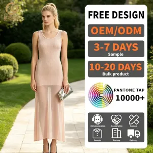 Low MOQ Custom Womens Peach Nude Sleeveless Maxi Dress Ribbed Knit Bodice Sheer Flowy Hem Cocktail Evening Party Dress OEM ODM