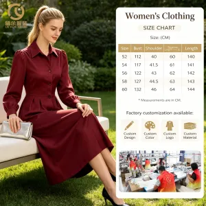 Made to Order Womens Burgundy Wine Long Sleeve Button-Down Maxi Dress Classic Collar Puff Shoulder Cuffed Pleated Waist Dresses
