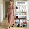 Manufacturer Custom Women Black Vintage Casual Puff Sleeve Party Dress Korean Style Female Elastic High Waist Linen Loose Dress