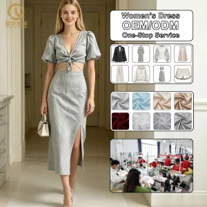 Manufacturer Custom 100 Linen Women Casual Summer V-Neck Puff Sleeve Twist Front Cutout High Waist A-Line Midi Dress