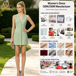 Manufacturer Small Batch Custom Womens Sleeveless Mini Vest Dress Deep V-Neck Button Front Flap Pocket Summer Streetwear Dress