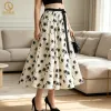 OEM Custom Women Summer Casual Polyester Chiffon White Black Floral Print High Waist Elastic Waistband Pleated A-Line Maxi Skirt