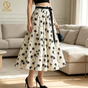 OEM Custom Women Summer Casual Polyester Chiffon White Black Floral Print High Waist Elastic Waistband Pleated A-Line Maxi Skirt