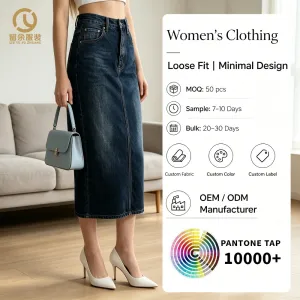 OEM ODM Custom Wholesale Women Winter Casual High Waisted Straight Fit Button Front Zip Fly Five Pocket Raw Hem Denim Midi Skirt