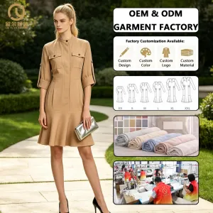 OEM ODM Factory Custom Womens Belted Shirt Dress Mock Neck Button-Down Patch Pocket Ruffled Hem Knee-Length Casual Dress