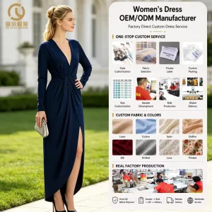 OEM ODM Factory Export Quality Women Navy Deep V-Neck Maxi Dress Long Sleeve Twisted Knot Waist High Slit Floor-Length Dresses