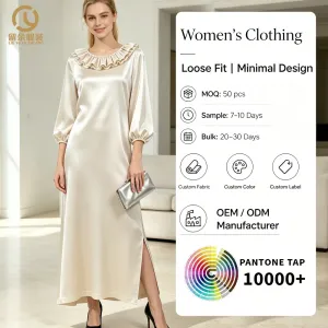OEM ODM Ladies Elegant Casual Satin Maxi Dress with Ruffles Custom Wholesale Long Sleeves Natural Waistline Woven Eco-Friendly