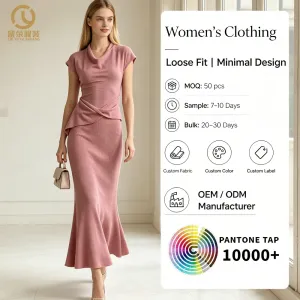 OEM Womens Vintage Casual Midi Dress Asymmetric Ruffle Detail Beige Cap-Sleeve Translucent Plain Dyed XS Size for Autumn Summer