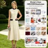 Pantone Color Custom Womens Ivory Midi Dress Black Mock Neck Gold Button Flap Pocket Flared Skirt Office Chic Cocktail Dress