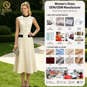 Pantone Color Custom Womens Ivory Midi Dress Black Mock Neck Gold Button Flap Pocket Flared Skirt Office Chic Cocktail Dress