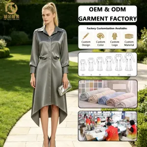 Premium Metallic Satin Womens High-Low Shirt Dress Long Sleeve Pointed Collar Button-Down Gathered Waist Asymmetric Midi Dress
