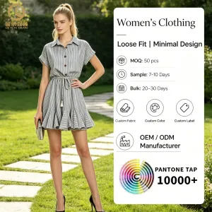 Private Label Womens Vertical Striped Shirt Mini Pointed Collar Drawstring Waist Tassel Ruffled Flounce Hem Short Sleeve Dress
