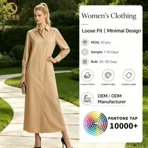 Wholesale OEM ODM Womens Long Sleeve Maxi Shirt Dress Ankle-Length Full Button-Down Pointed Collar Casual Workwear Dress
