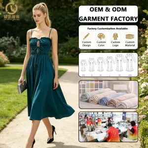 Womens Dark Teal Smocked Midi Dress Spaghetti Strap Keyhole Tie Back Ruffled A-Line Boho Summer Dress Custom OEM ODM