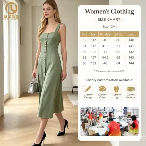 Womens Summer Casual Chiffon Dress Solid Color Square Neckline Sleeveless Loose Button Decoration Eco-Friendly Clothing Club