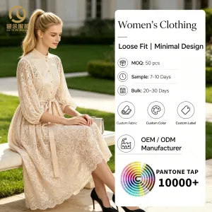 Your Brand Custom Womens Lace Tea-Length Dress Mandarin Collar Long Floral Lace Sleeve Satin Sash Bow Bridesmaid Party Dress