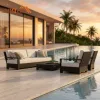 Aluminum Frame Corner Sofa Set Teak and Wicker Outdoor Furniture Rattan Leisure Couch for Balcony Garden Patio