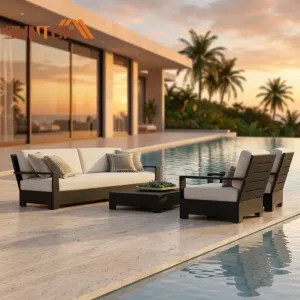 Aluminum Frame Corner Sofa Set Teak and Wicker Outdoor Furniture Rattan Leisure Couch for Balcony Garden Patio