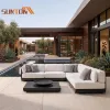 Contemporary Outdoor Aluminum Sofa Set with Teak Look Accents Luxury Patio Furniture for Island Resort