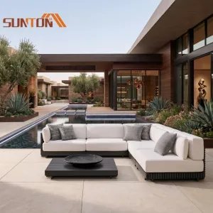 Contemporary Outdoor Aluminum Sofa Set with Teak Look Accents Luxury Patio Furniture for Island Resort