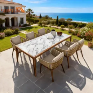 Contemporary Wood Teak Aluminum Outdoor Dining Set with 8 Chairs for Hotel Courtyard Use