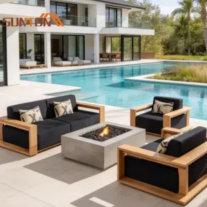 High-end Luxury Contemporary Hotel Villa Outdoor Waterproof Teak Sofa Set with Cushions for Courtyard Garden