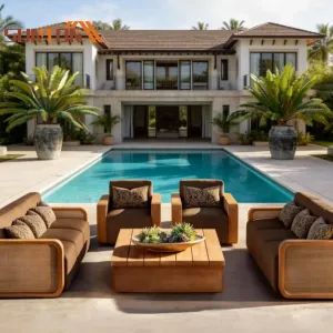 Luxury Eco-Friendly Contemporary Resort Villa Hotel Garden Furniture Set Waterproof Patio Couch Collections Teak Wood Courtyard