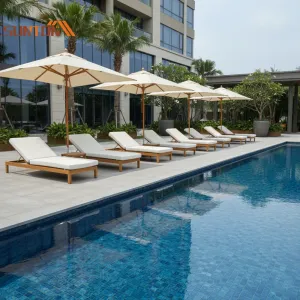Luxury Teak Wood Rattan Sun Lounger for Outdoor Pool Garden Courtyard Hotels Parks-Eco-Friendly with Cushions