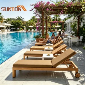Luxury Waterproof Couch Outdoor Pool Deck Sun Beds Teak Wood Garden Sunbed Loungers Grey Sun Lounger With Pillow